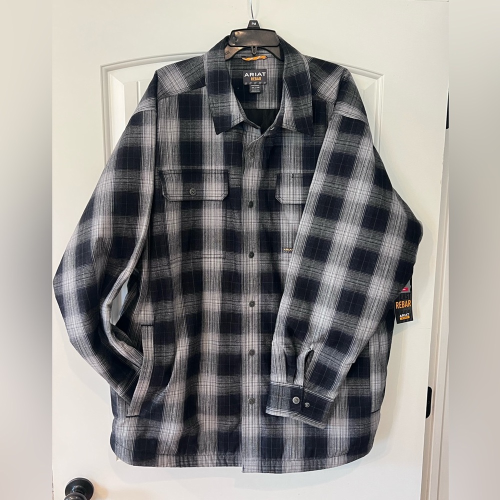 Size 3X- Ariat Rebar Flannel Insulated Shirt Jacket in black and gray plaid nwt